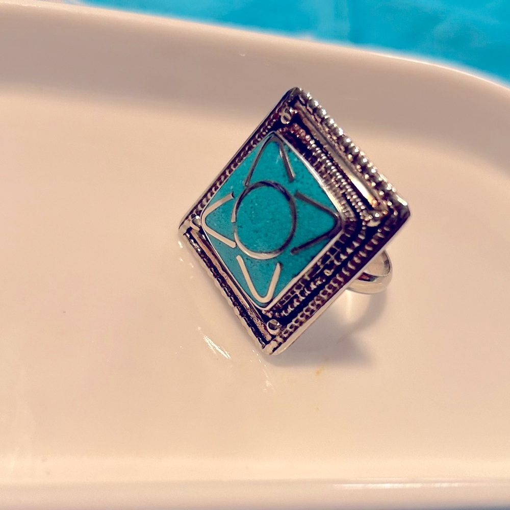 Silver Square Gemstone Turquoise Ring - image 4